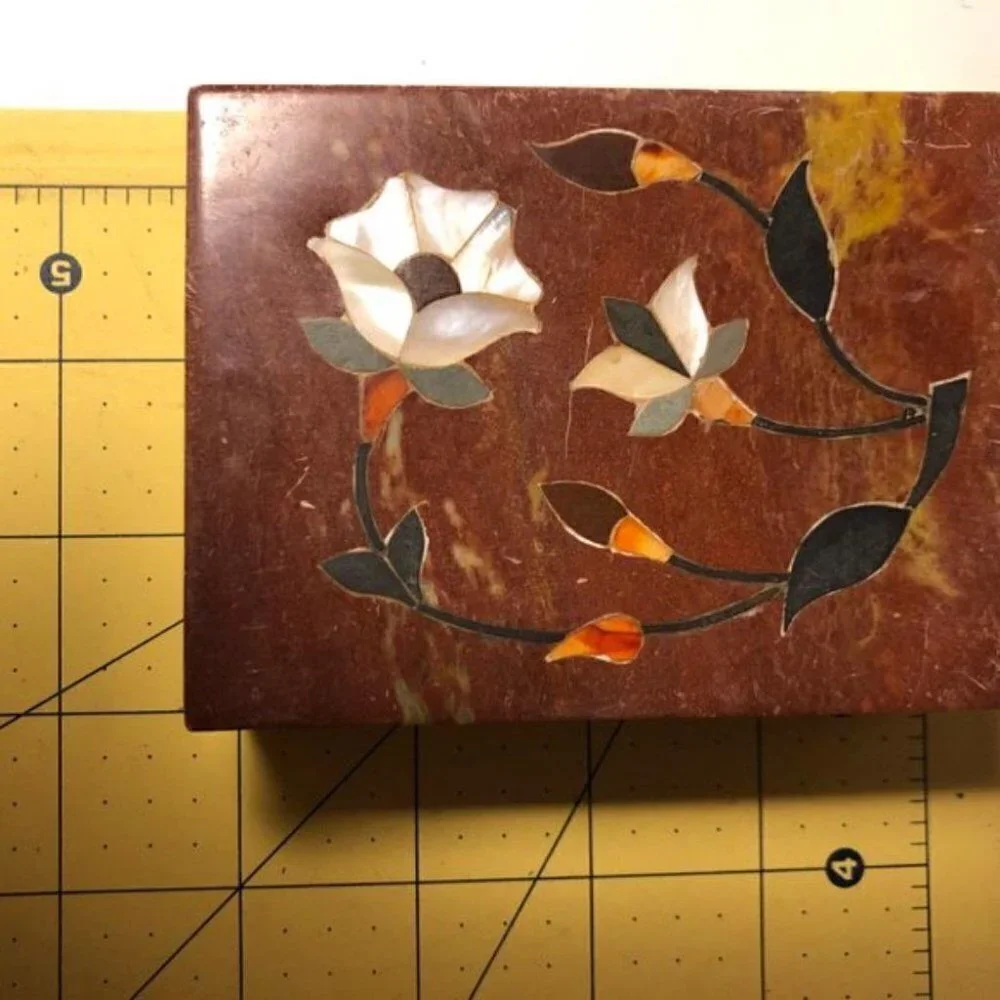 Hand Carved Stone Mother of Pearl Trinket Box